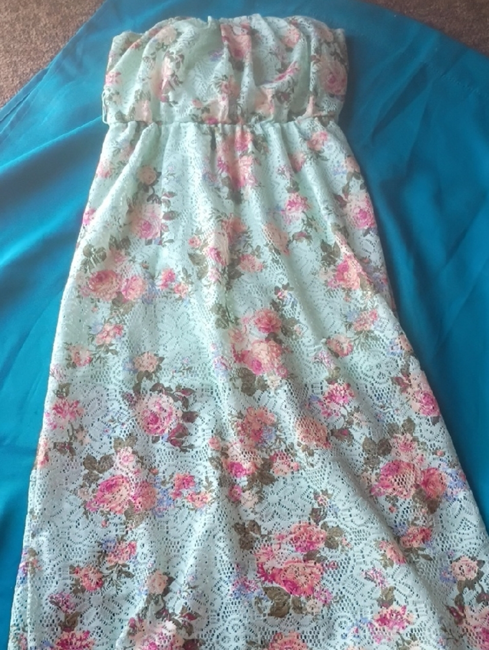 Floral Lace Strapless JuniorsDress - Mint with Pink Roses